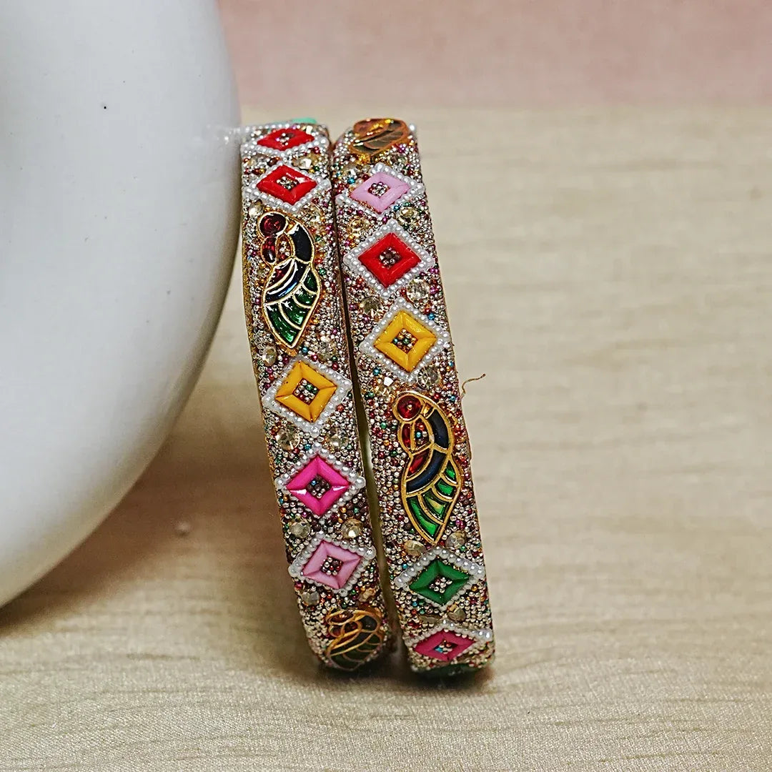 Meenakari Work with Pearl Detailing Glass Kada for Women (Pack of 2) - The Golden Cascade